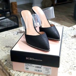 BCBG Harlina Black Heels with Clear Strap